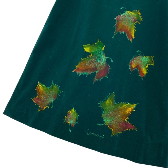 Vintage Italian Made Heavy Weight Green Velvet Skirt Custom Hand Painted Leaves - Picture 13 of 15